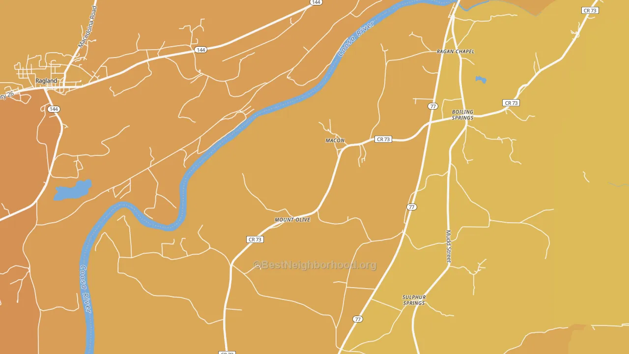 Map of the best neighborhoods in the Macon area, with better matches in green and worse matches in red