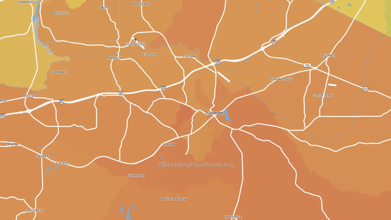 Map of the best neighborhoods in the Macon County area, with better matches in green and worse matches in red
