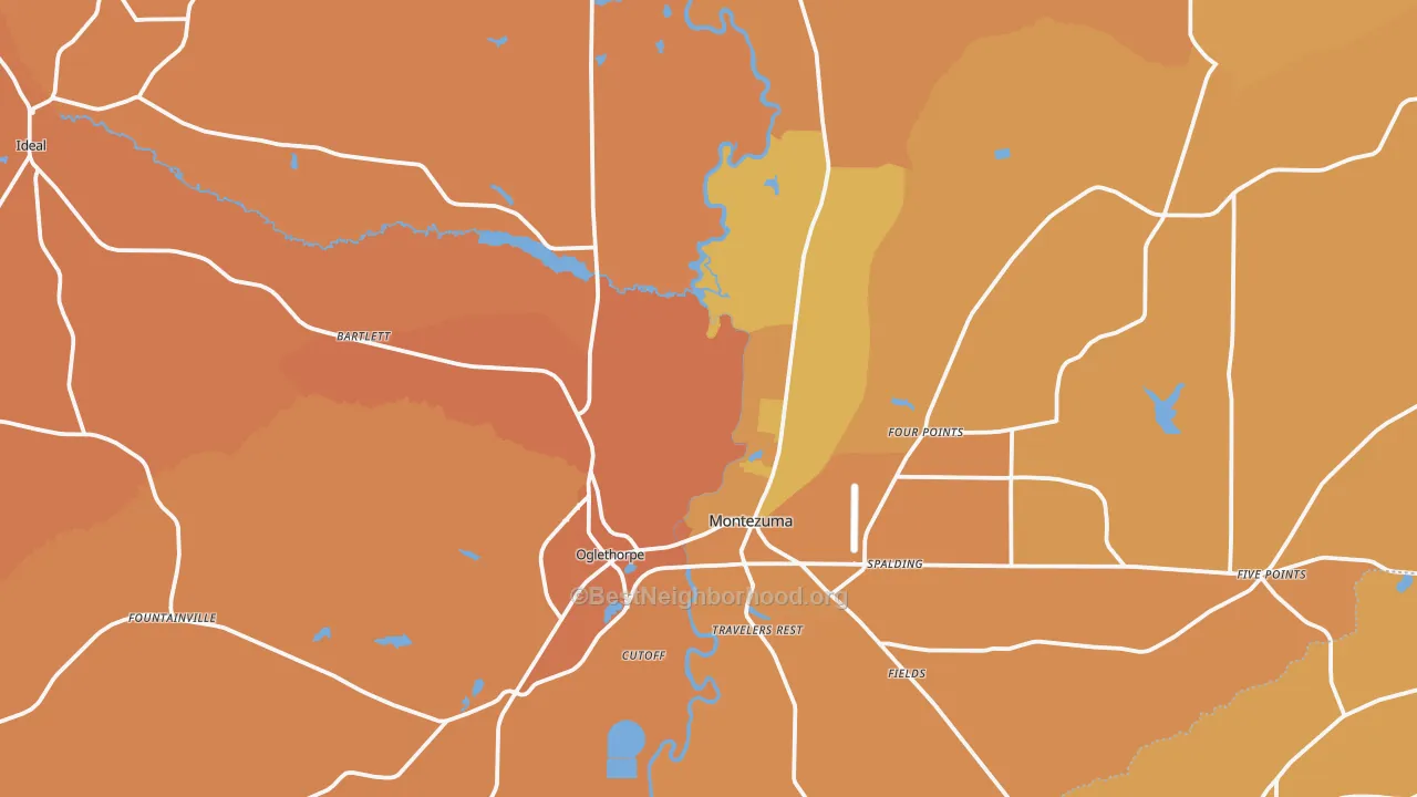 Map of the best neighborhoods in the Macon County area, with better matches in green and worse matches in red