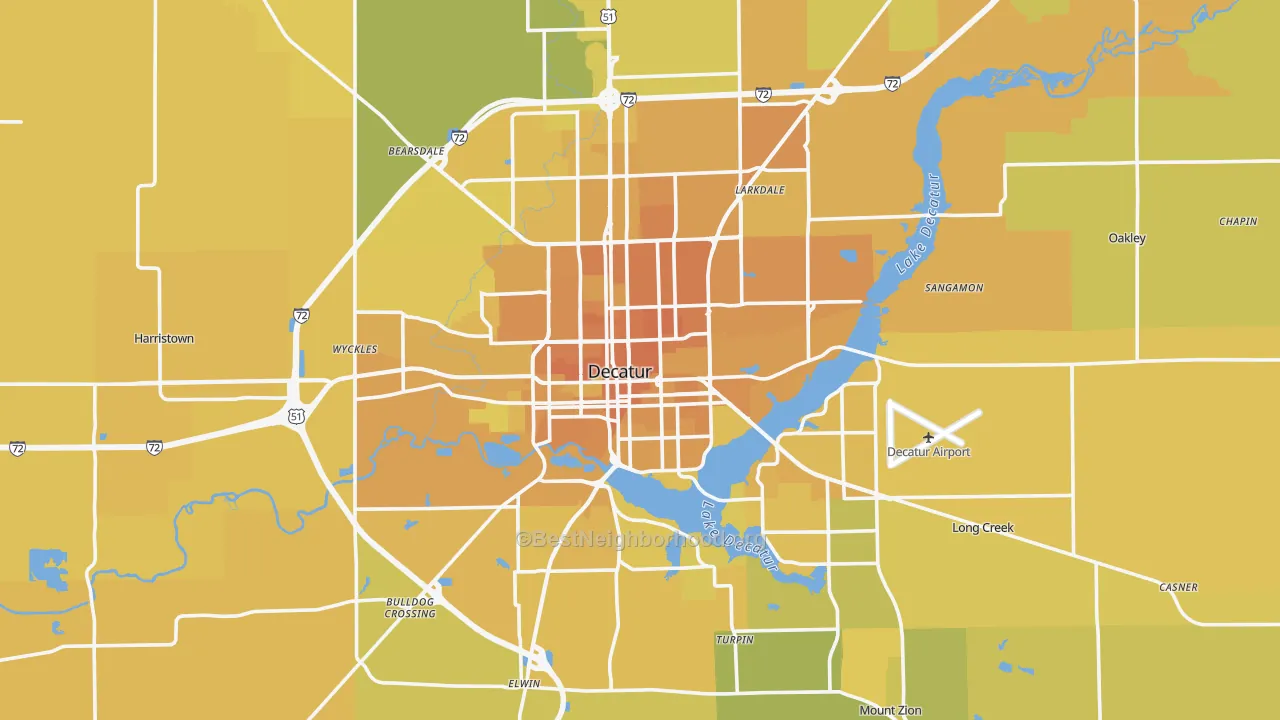 Map of the best neighborhoods in the Macon County area, with better matches in green and worse matches in red