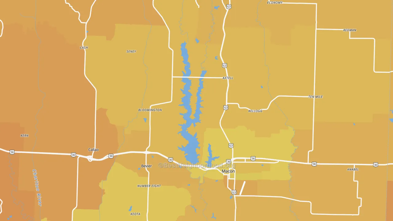 Map of the best neighborhoods in the Macon County area, with better matches in green and worse matches in red