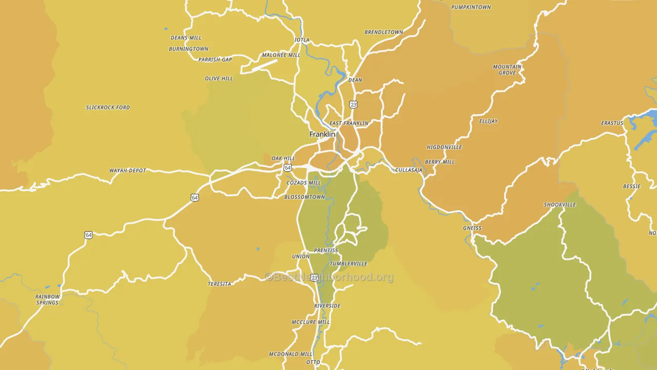 Map of the best neighborhoods in the Macon County area, with better matches in green and worse matches in red