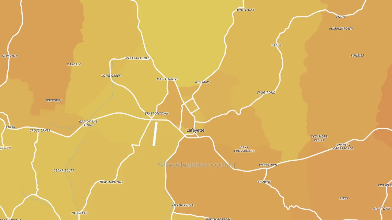 Map of the best neighborhoods in the Macon County area, with better matches in green and worse matches in red