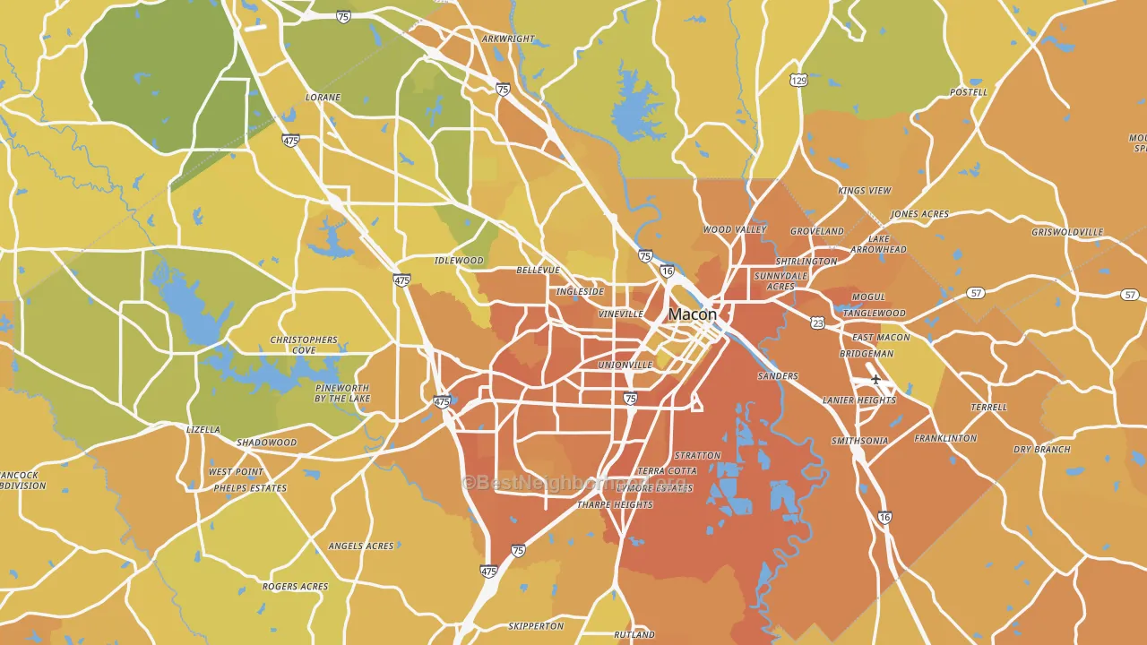 Map of the best neighborhoods in the Macon Metro area, with better matches in green and worse matches in red