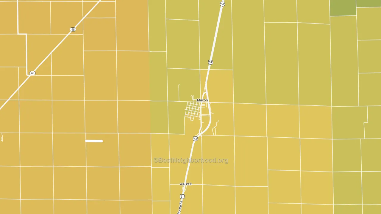 Map of the best neighborhoods in the Macon area, with better matches in green and worse matches in red