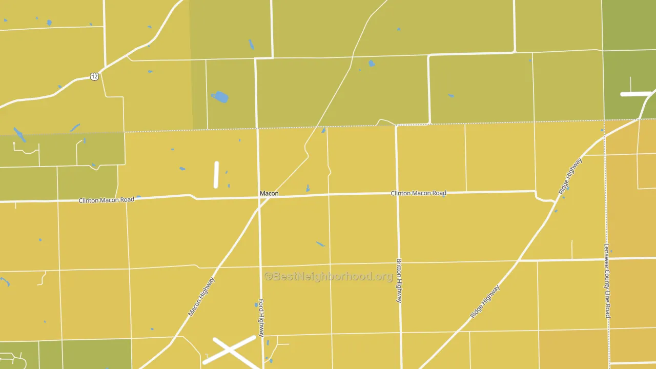Map of the best neighborhoods in the Macon area, with better matches in green and worse matches in red