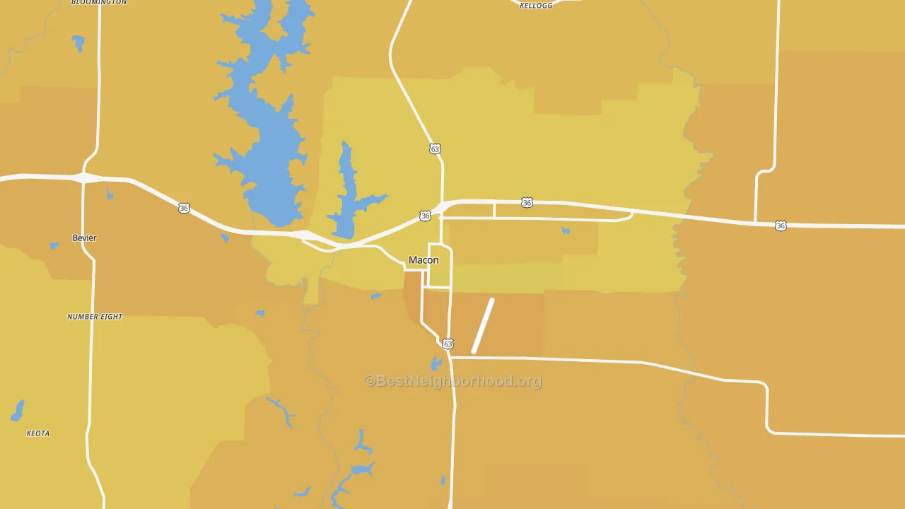 Map of the best neighborhoods in the Macon area, with better matches in green and worse matches in red