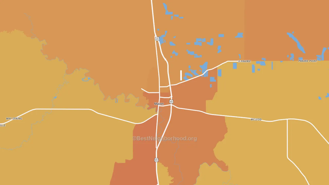 Map of the best neighborhoods in the Macon area, with better matches in green and worse matches in red