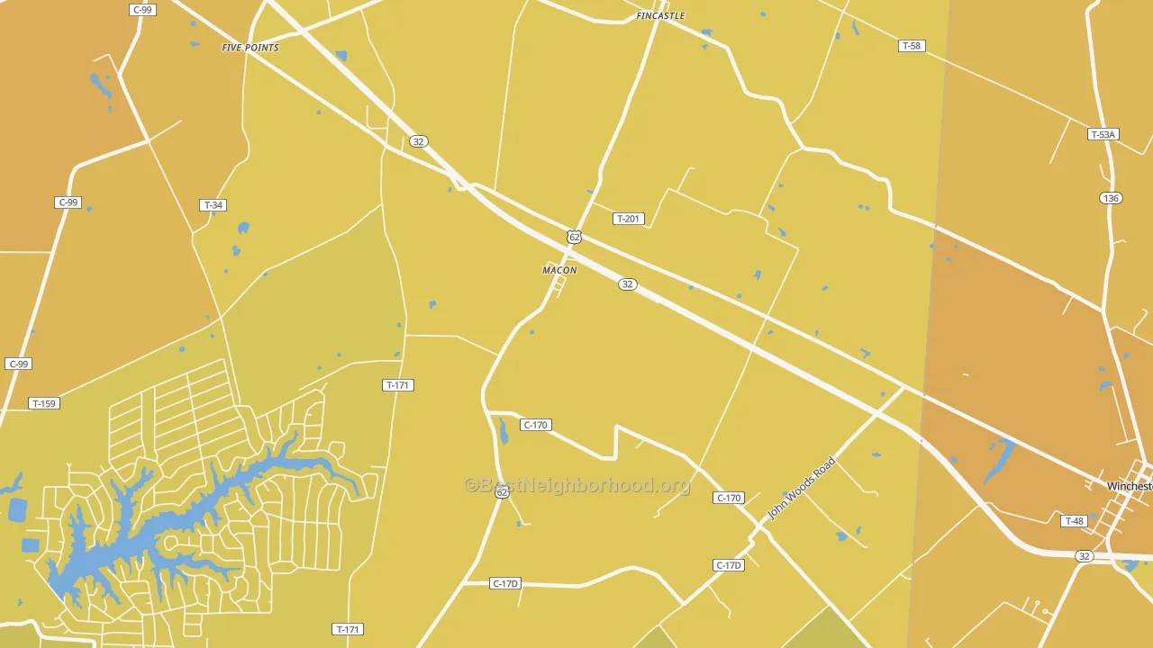 Map of the best neighborhoods in the Macon area, with better matches in green and worse matches in red