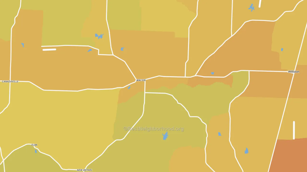 Map of the best neighborhoods in the Macon area, with better matches in green and worse matches in red