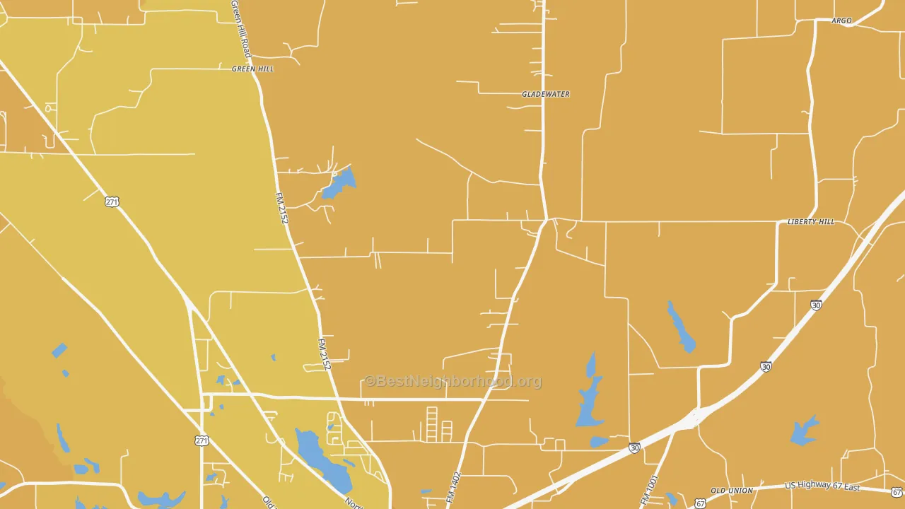Map of the best neighborhoods in the Macon area, with better matches in green and worse matches in red