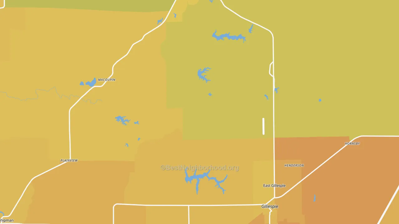 Map of the best neighborhoods in the Macoupin County area, with better matches in green and worse matches in red