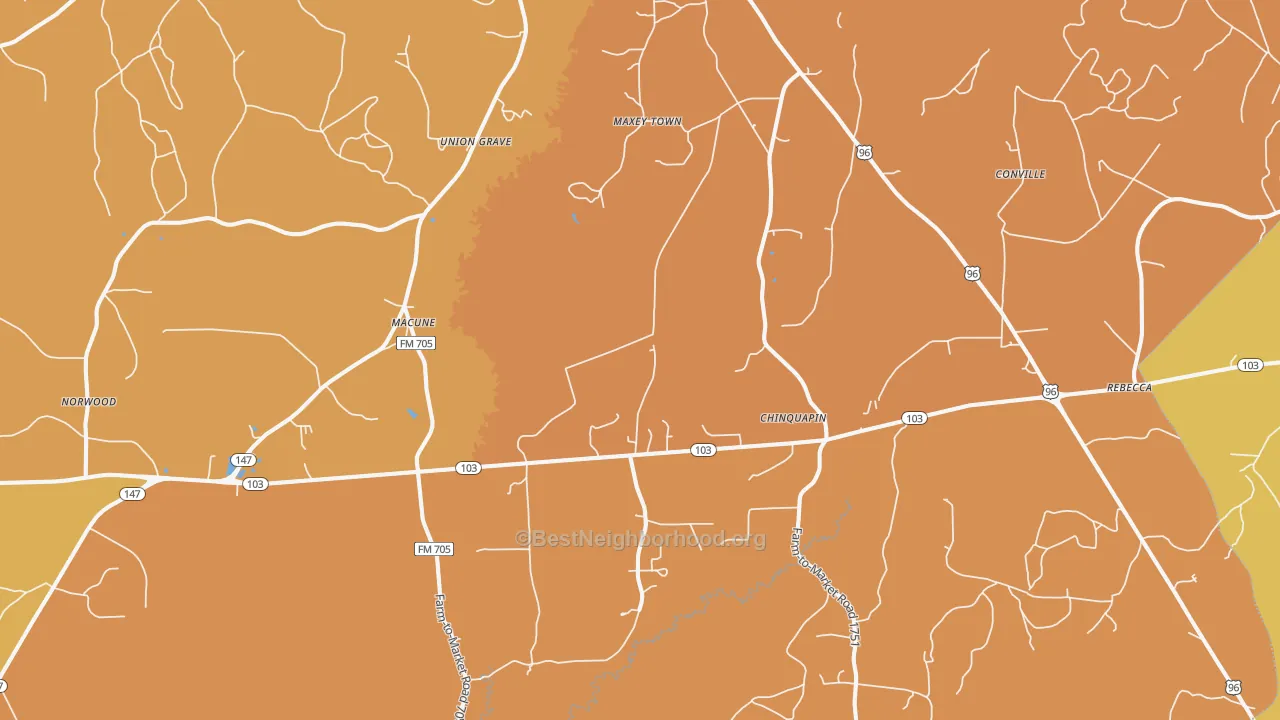 Map of the best neighborhoods in the Macune area, with better matches in green and worse matches in red