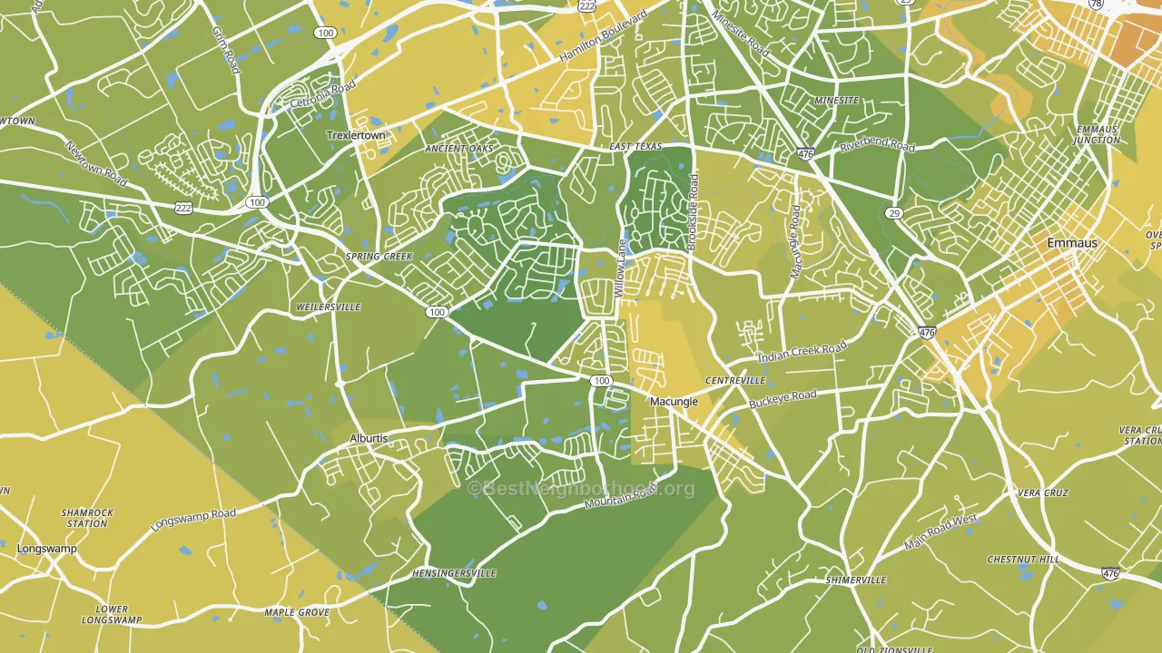 Map of the best neighborhoods in the Macungie area, with better matches in green and worse matches in red