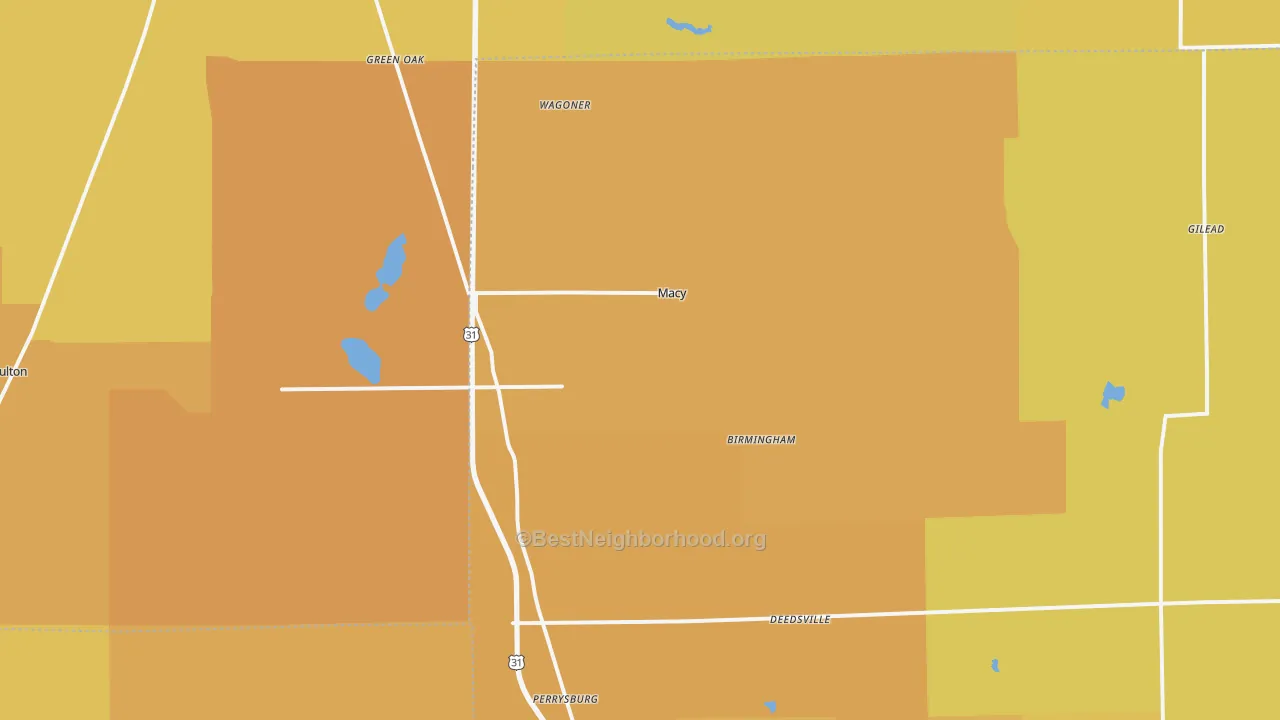 Map of the best neighborhoods in the Macy area, with better matches in green and worse matches in red