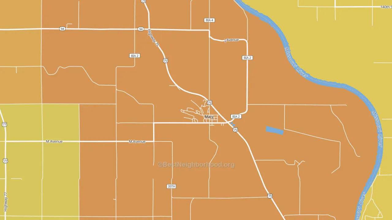 Map of the best neighborhoods in the Macy area, with better matches in green and worse matches in red
