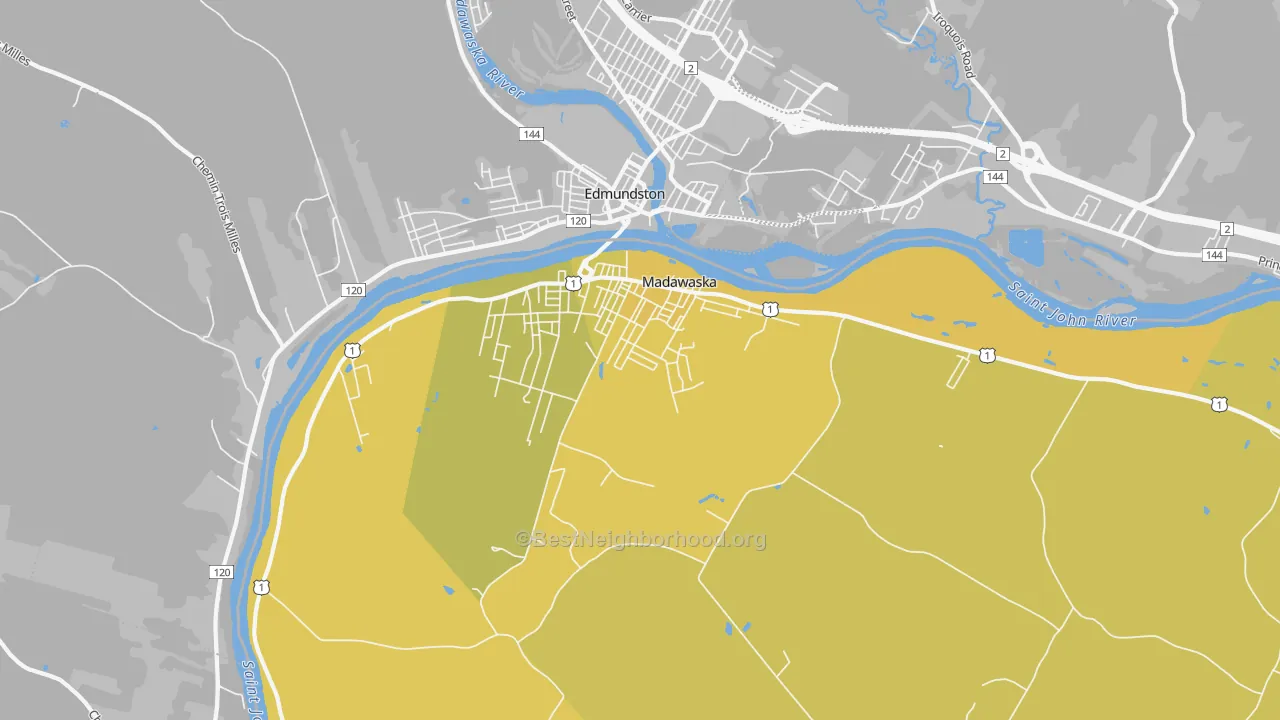Map of the best neighborhoods in the Madawaska area, with better matches in green and worse matches in red