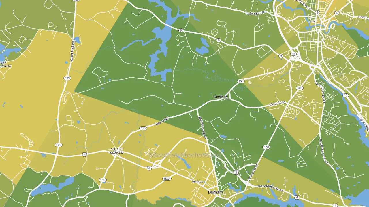 Map of the best neighborhoods in the Madbury area, with better matches in green and worse matches in red