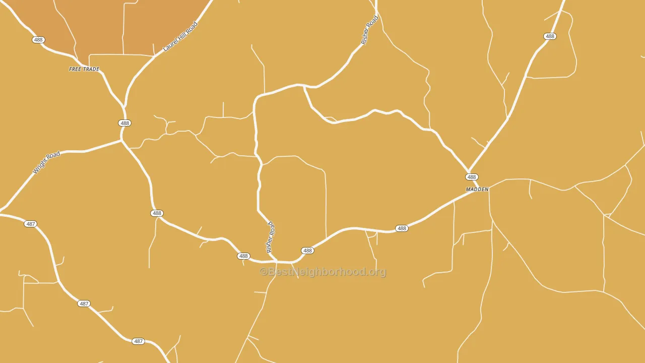Map of the best neighborhoods in the Madden area, with better matches in green and worse matches in red