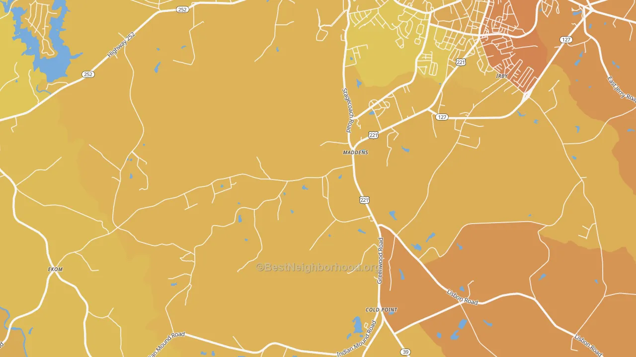 Map of the best neighborhoods in the Maddens area, with better matches in green and worse matches in red
