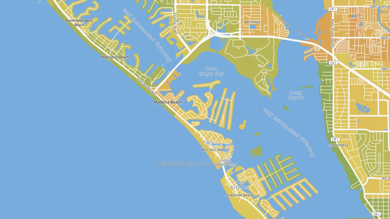 Map of the best neighborhoods in the Madeira Beach area, with better matches in green and worse matches in red