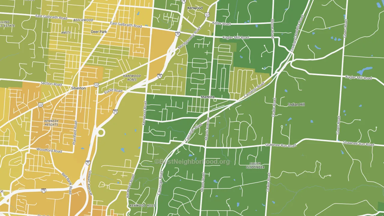 Map of the best neighborhoods in the Madeira area, with better matches in green and worse matches in red
