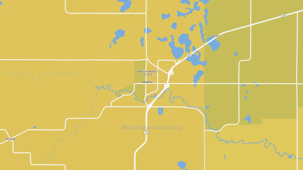 Map of the best neighborhoods in the Madelia area, with better matches in green and worse matches in red