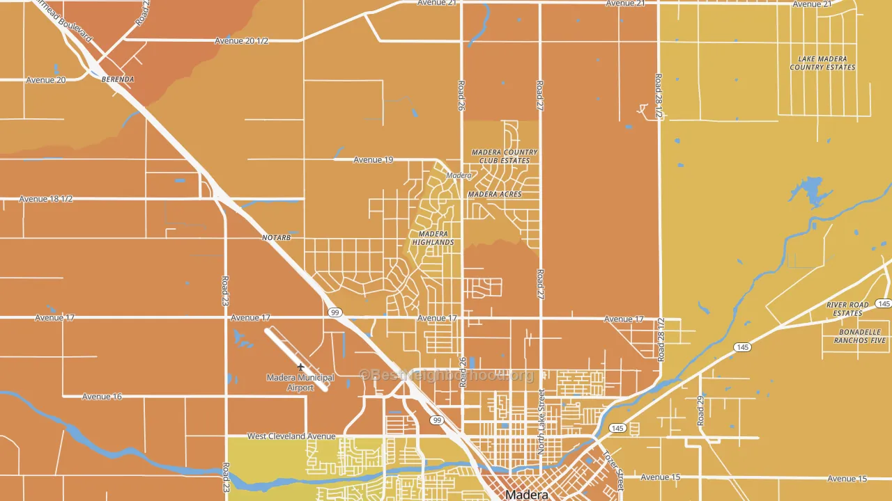 Map of the best neighborhoods in the Madera Acres area, with better matches in green and worse matches in red