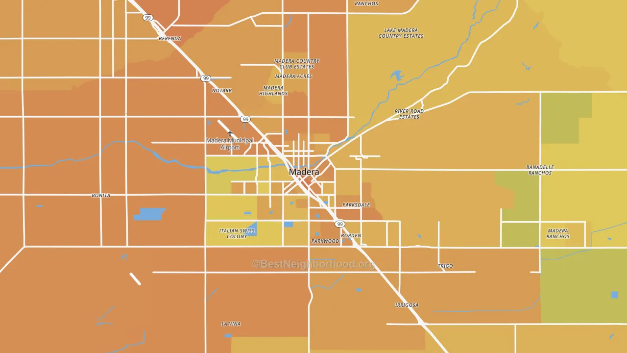 Map of the best neighborhoods in the Madera area, with better matches in green and worse matches in red
