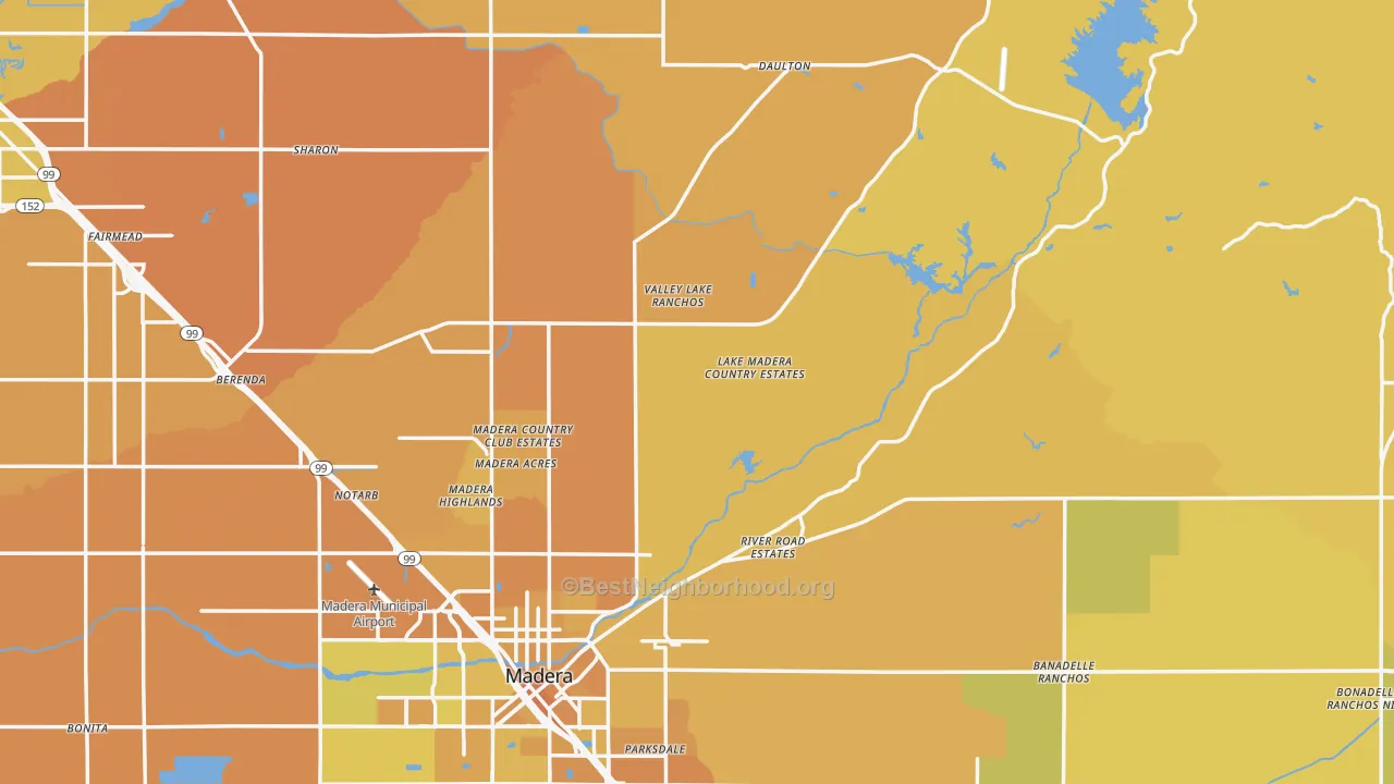 Map of the best neighborhoods in the Madera County area, with better matches in green and worse matches in red