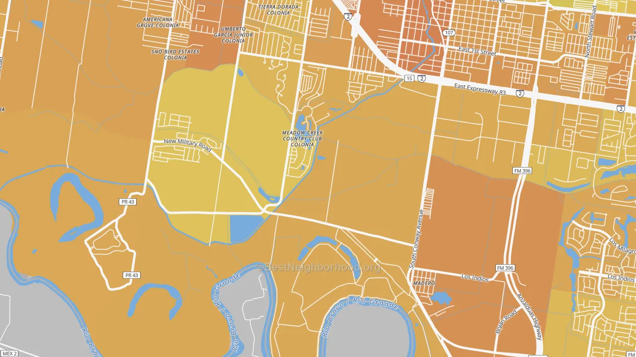 Map of the best neighborhoods in the Madero area, with better matches in green and worse matches in red