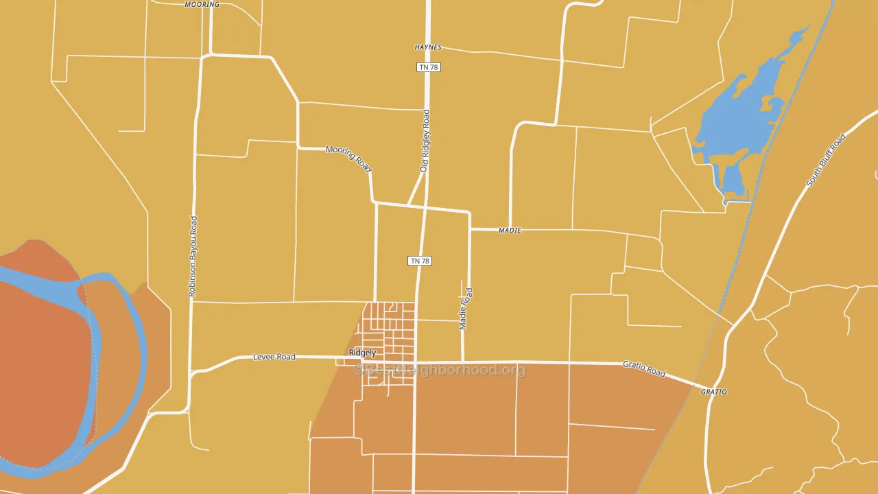 Map of the best neighborhoods in the Madie area, with better matches in green and worse matches in red
