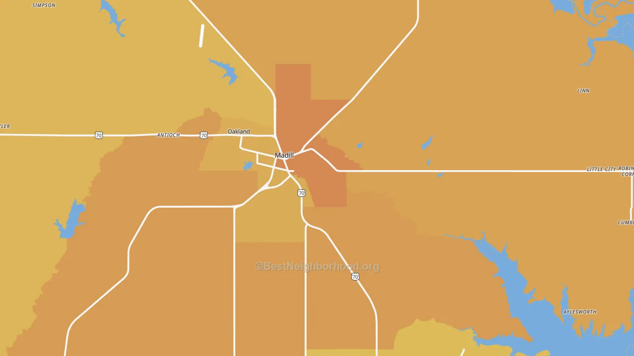 Map of the best neighborhoods in the Madill area, with better matches in green and worse matches in red