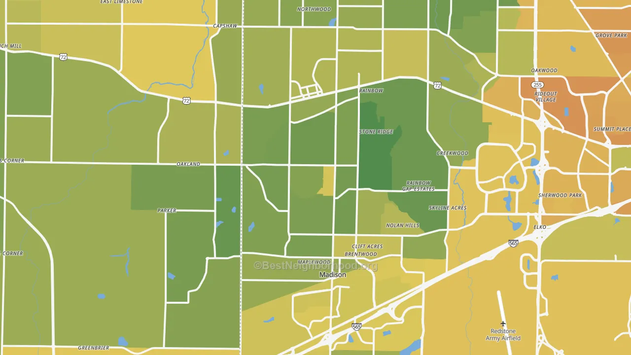Map of the best neighborhoods in the Madison area, with better matches in green and worse matches in red