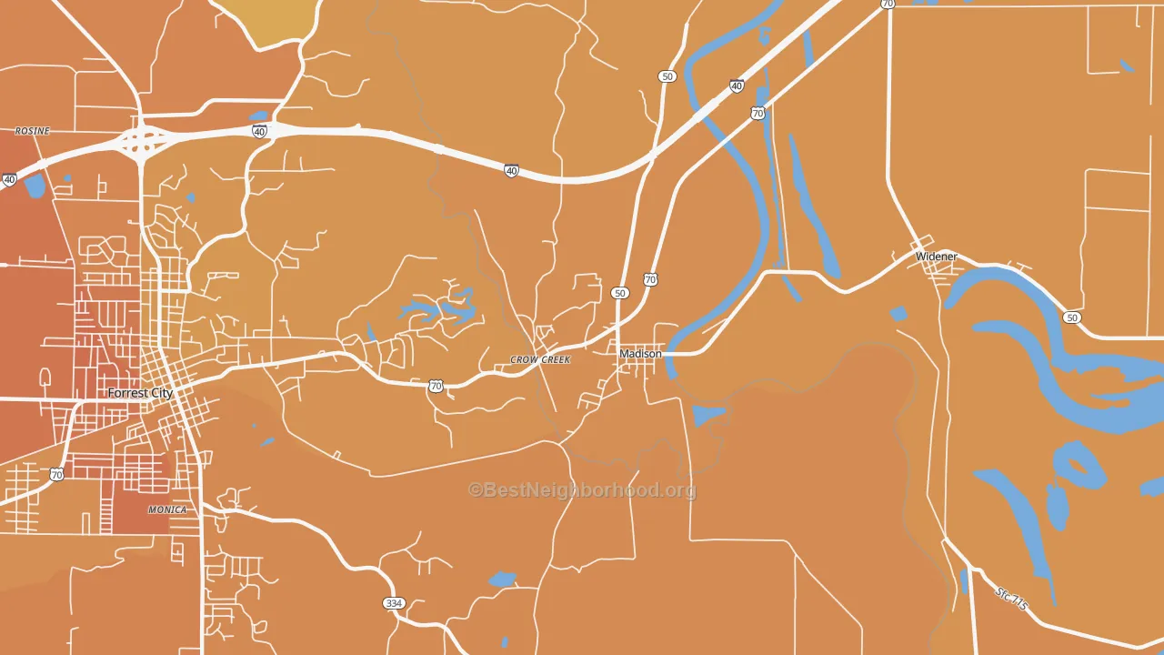 Map of the best neighborhoods in the Madison area, with better matches in green and worse matches in red