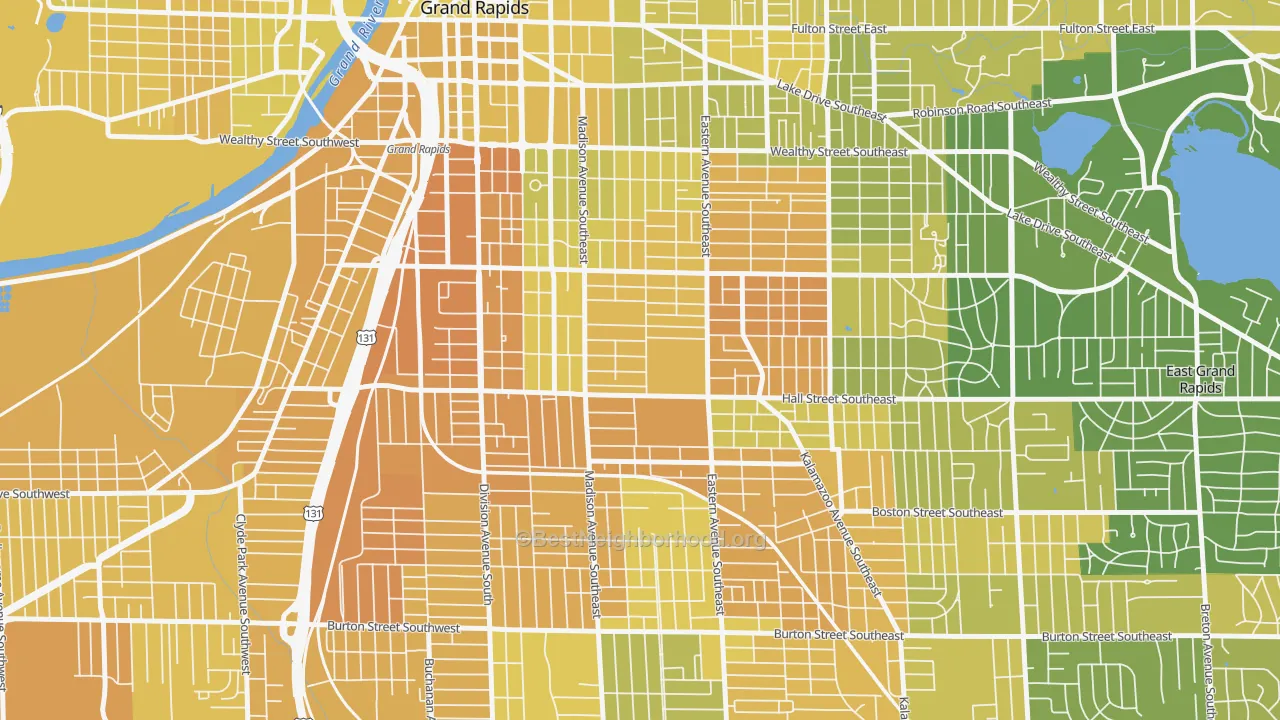Map of the best neighborhoods in the Madison Area, Grand Rapids area, with better matches in green and worse matches in red