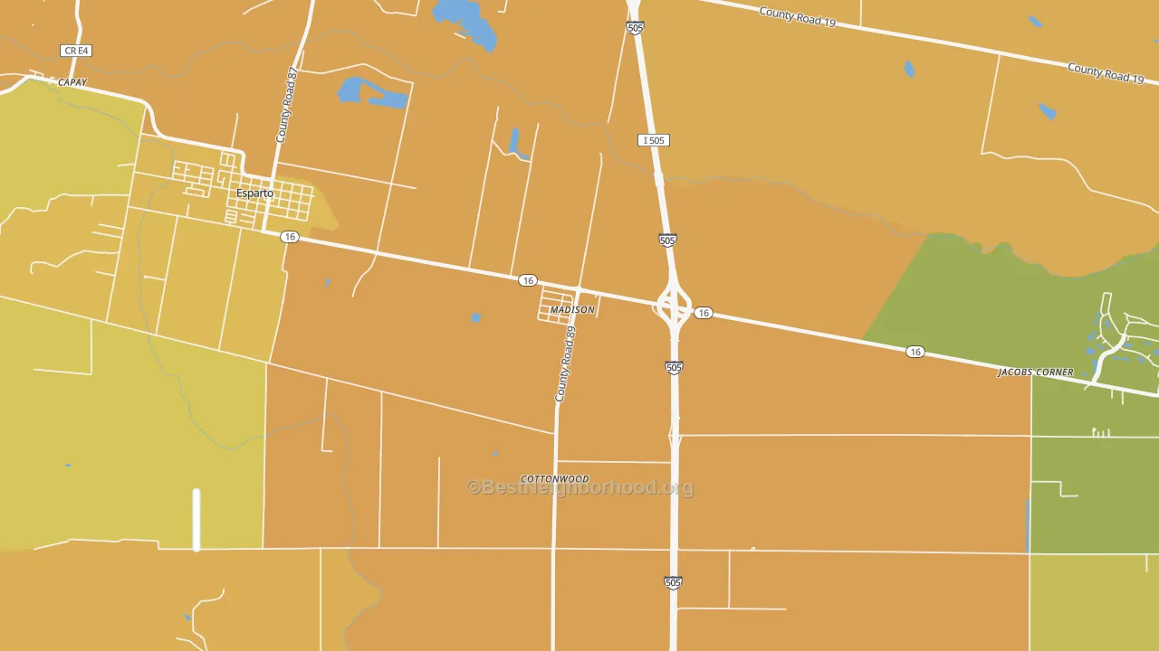 Map of the best neighborhoods in the Madison area, with better matches in green and worse matches in red