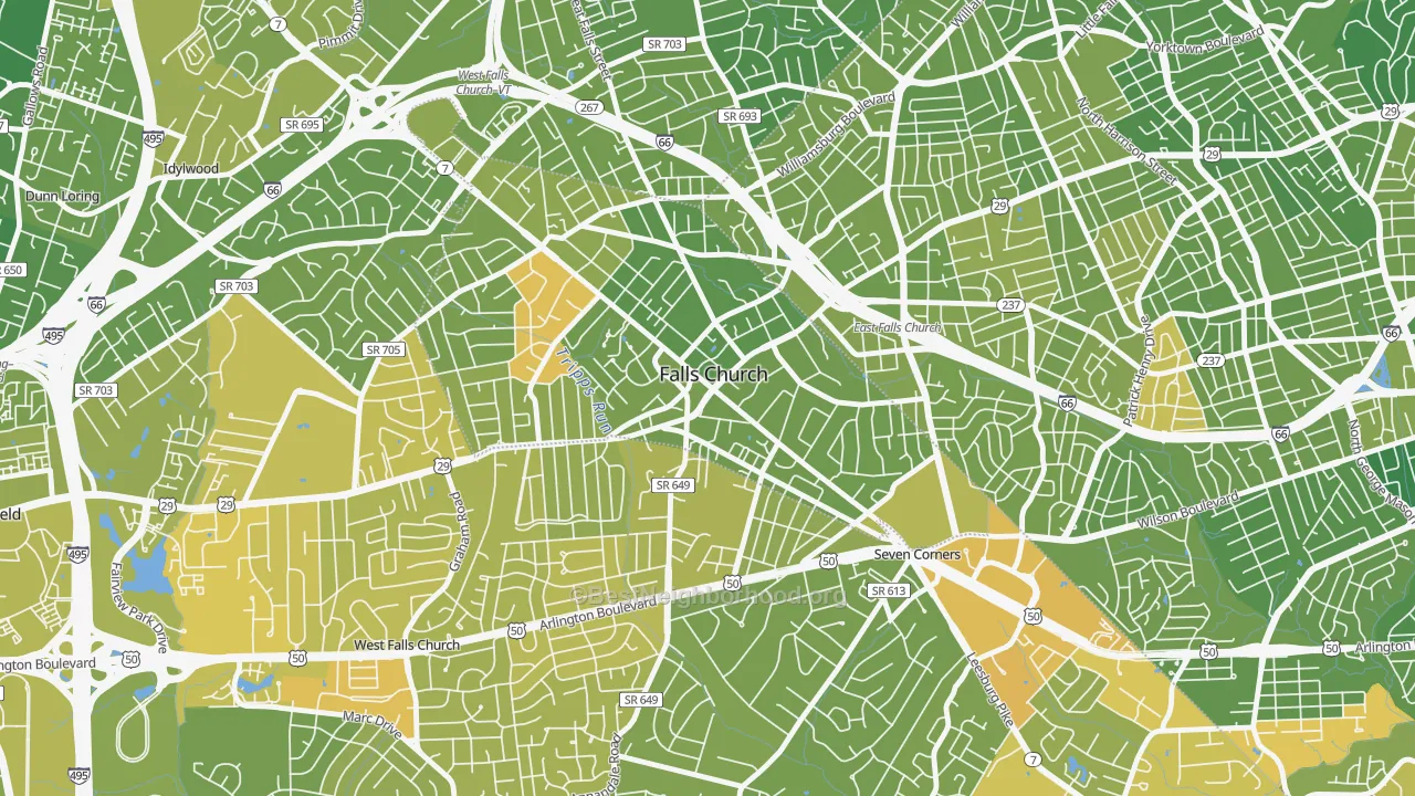 Map of the best neighborhoods in the Madison Condominium, Falls Church area, with better matches in green and worse matches in red