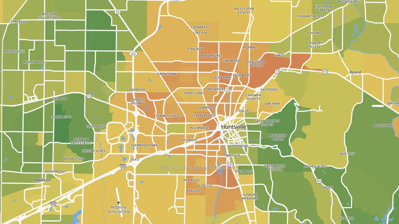 Map of the best neighborhoods in the Madison County area, with better matches in green and worse matches in red