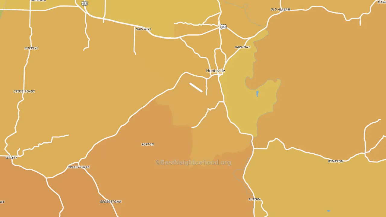 Map of the best neighborhoods in the Madison County area, with better matches in green and worse matches in red