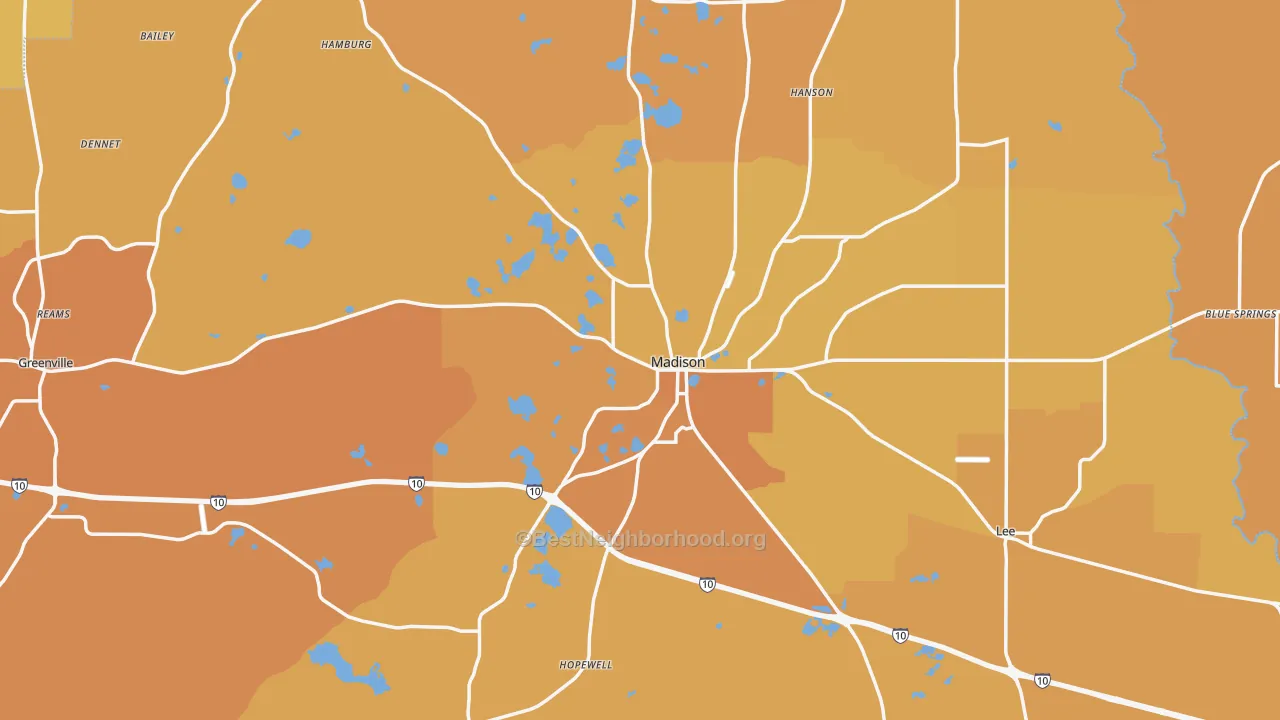 Map of the best neighborhoods in the Madison County area, with better matches in green and worse matches in red
