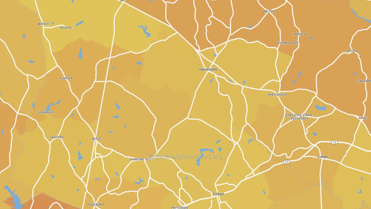 Map of the best neighborhoods in the Madison County area, with better matches in green and worse matches in red