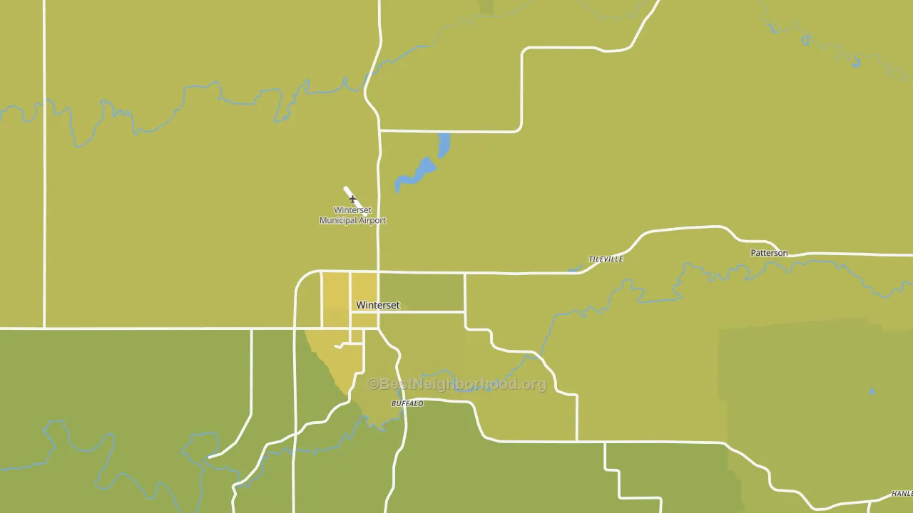 Map of the best neighborhoods in the Madison County area, with better matches in green and worse matches in red
