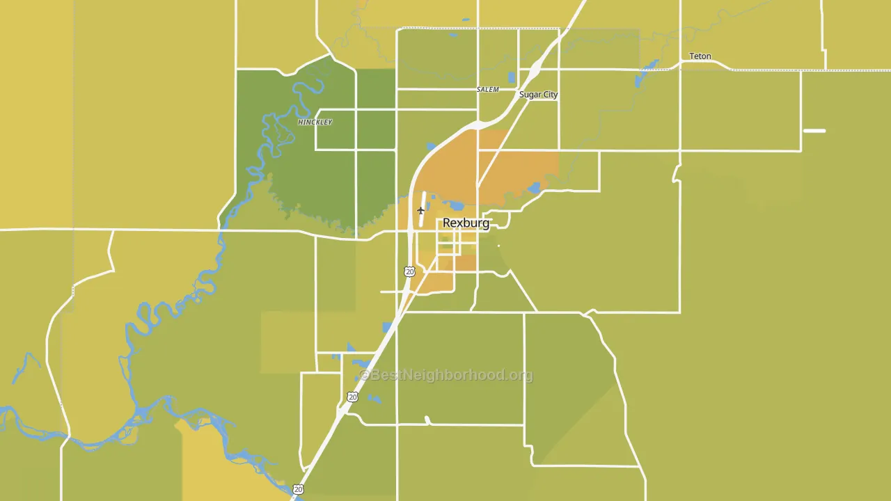 Map of the best neighborhoods in the Madison County area, with better matches in green and worse matches in red