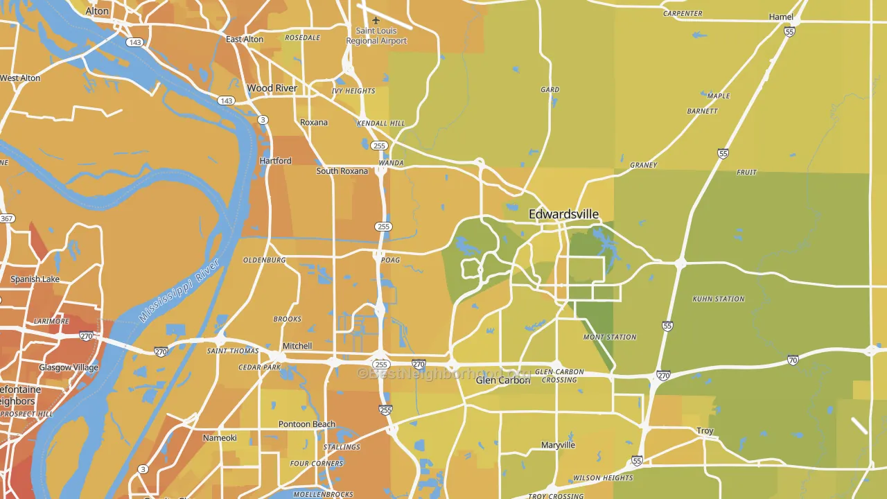 Map of the best neighborhoods in the Madison County area, with better matches in green and worse matches in red