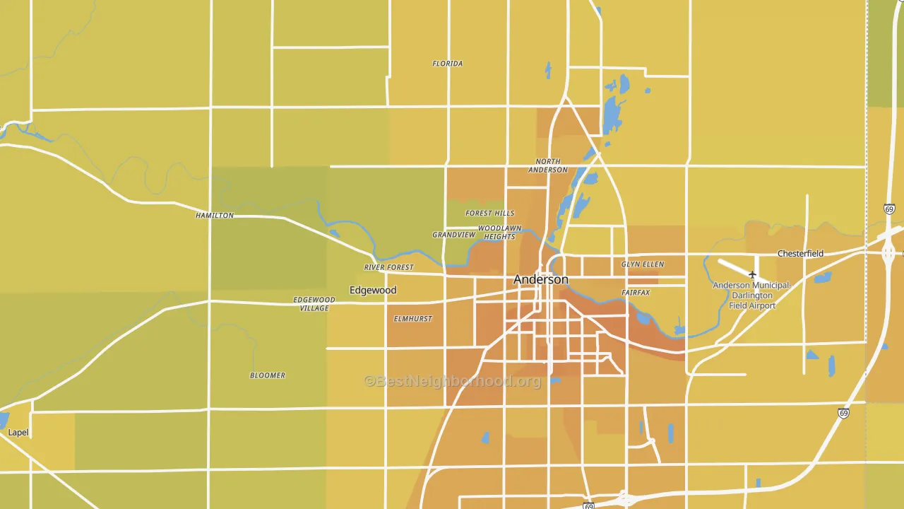 Map of the best neighborhoods in the Madison County area, with better matches in green and worse matches in red