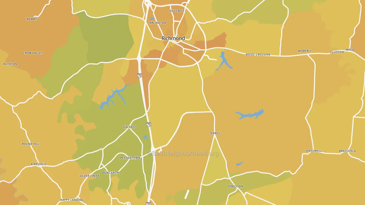 Map of the best neighborhoods in the Madison County area, with better matches in green and worse matches in red