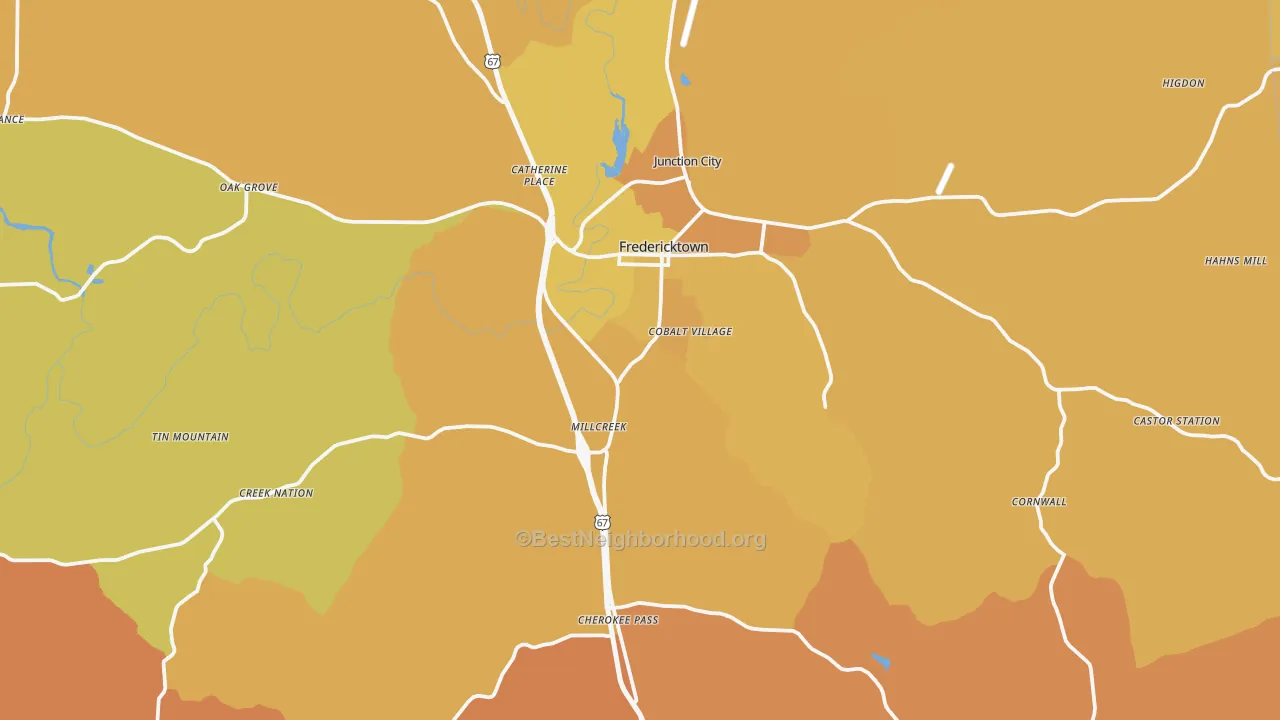 Map of the best neighborhoods in the Madison County area, with better matches in green and worse matches in red