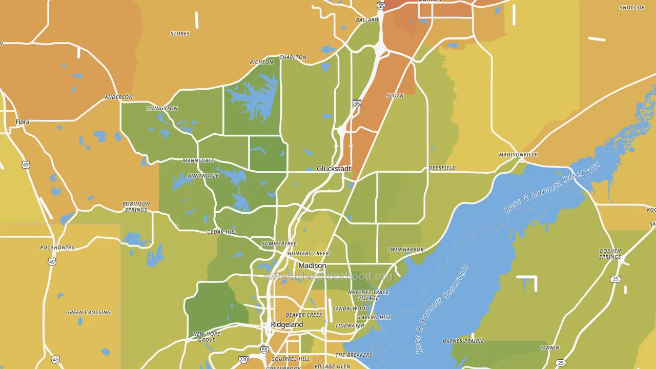 Map of the best neighborhoods in the Madison County area, with better matches in green and worse matches in red