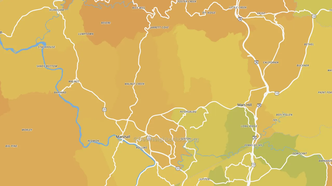 Map of the best neighborhoods in the Madison County area, with better matches in green and worse matches in red